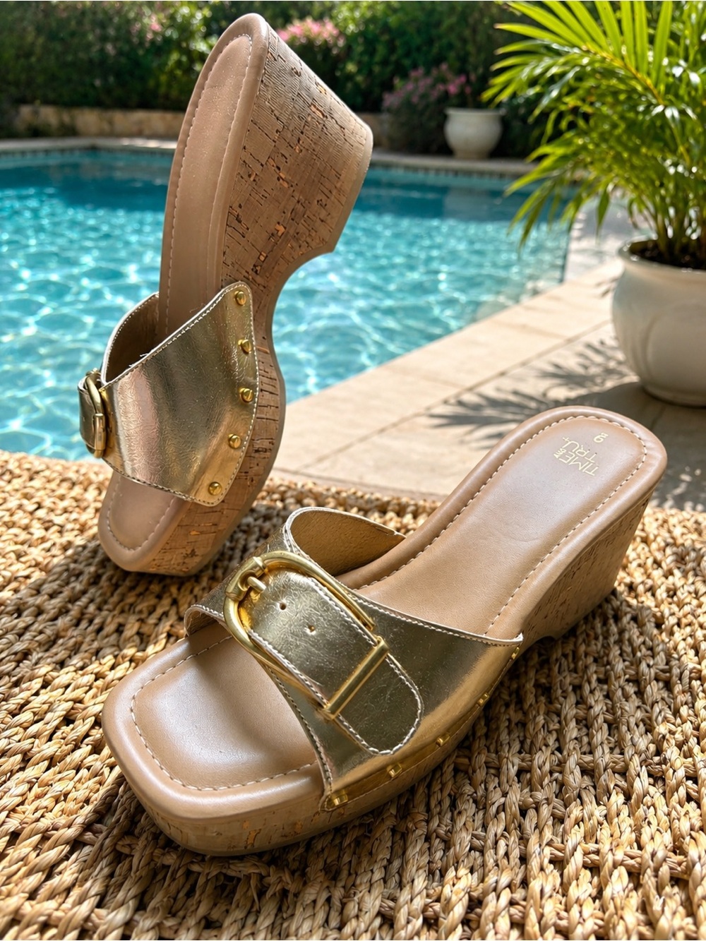 New Time and Tru Gold Metallic Cork Wedge Slide Sandals